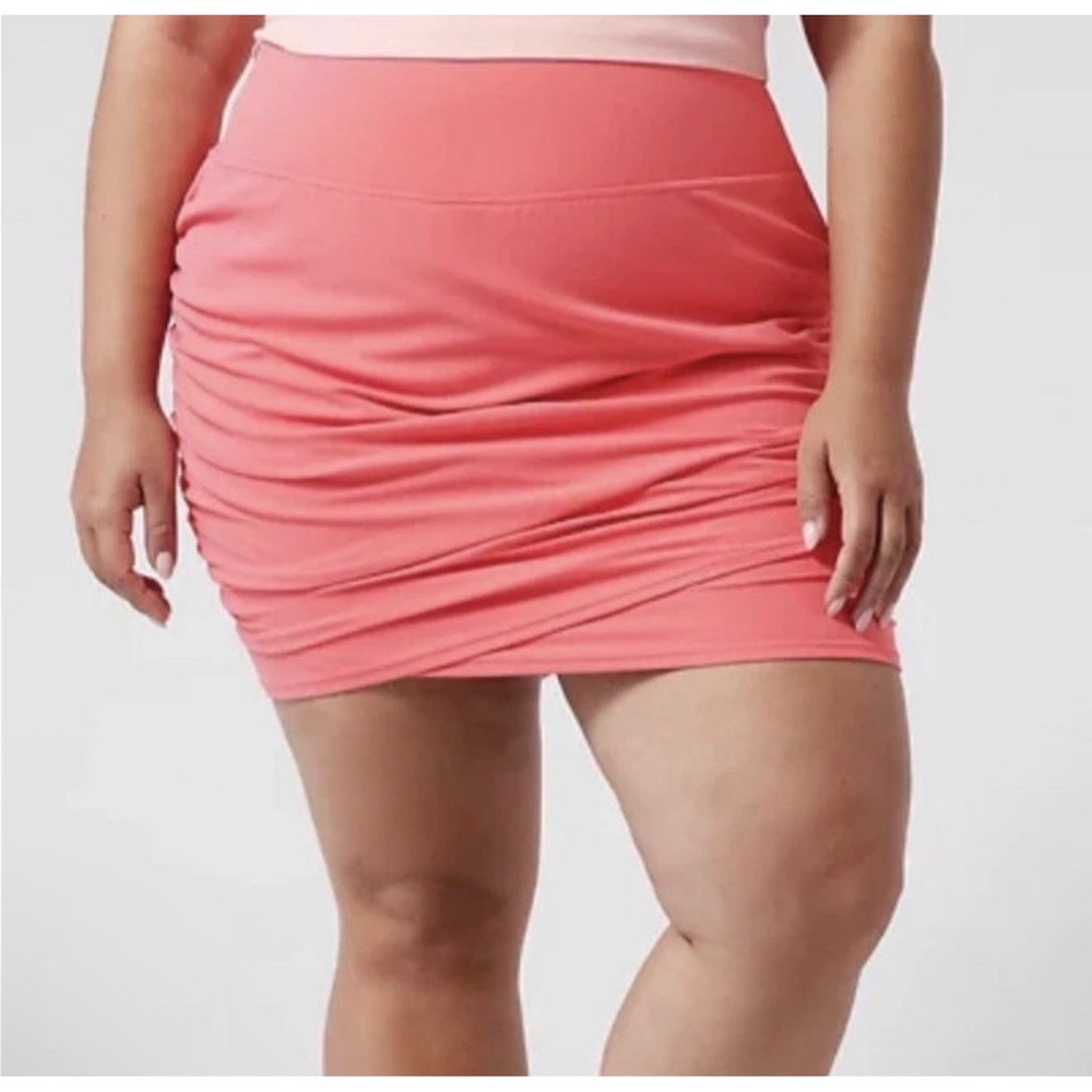 Athleta Transcend Skort Women 1X Pink Ruched Mini Athletic Skirt Pocket Coral